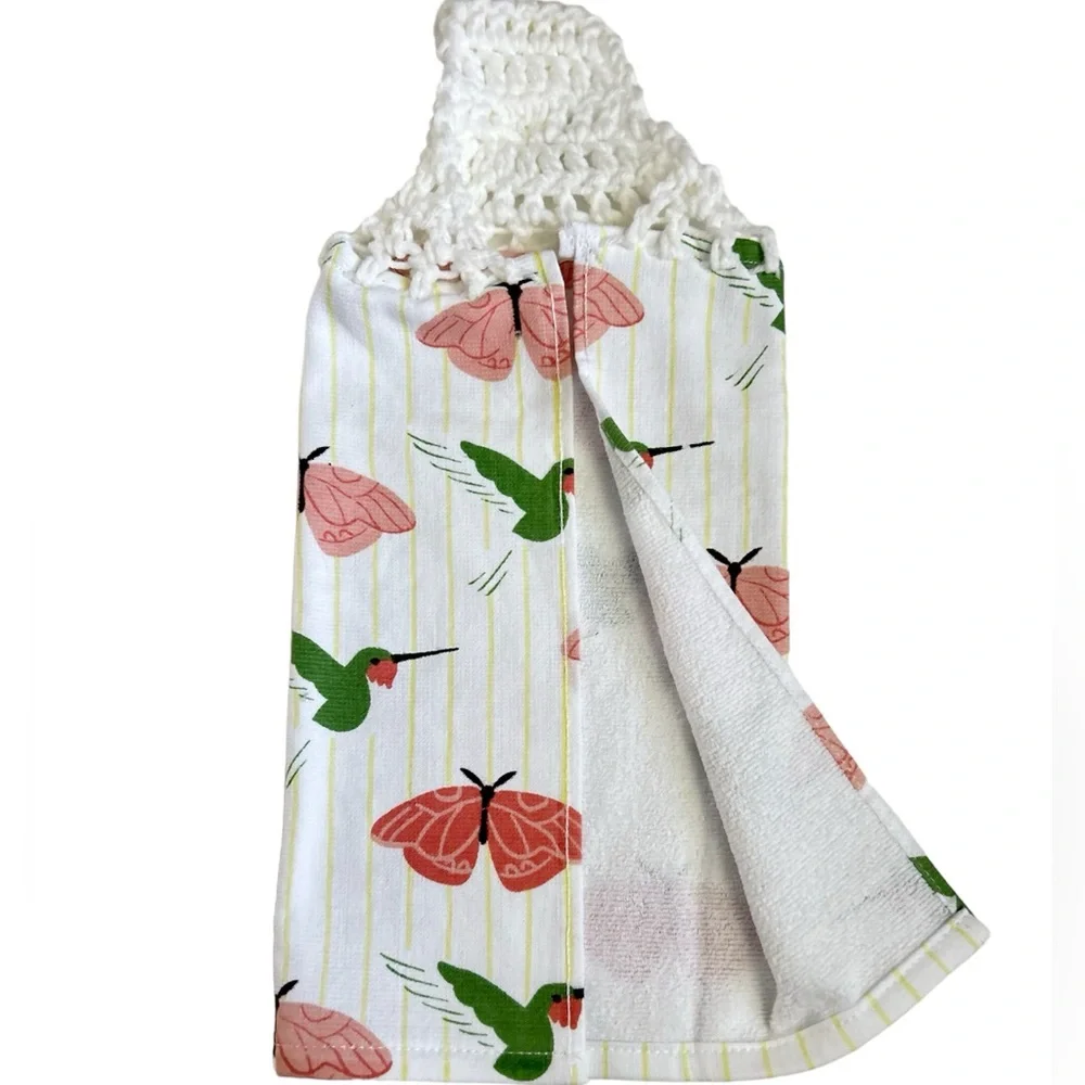 Hand Crafted Colorful Hummingbirds Butterflies Hanging Hand Towel Crochet Top